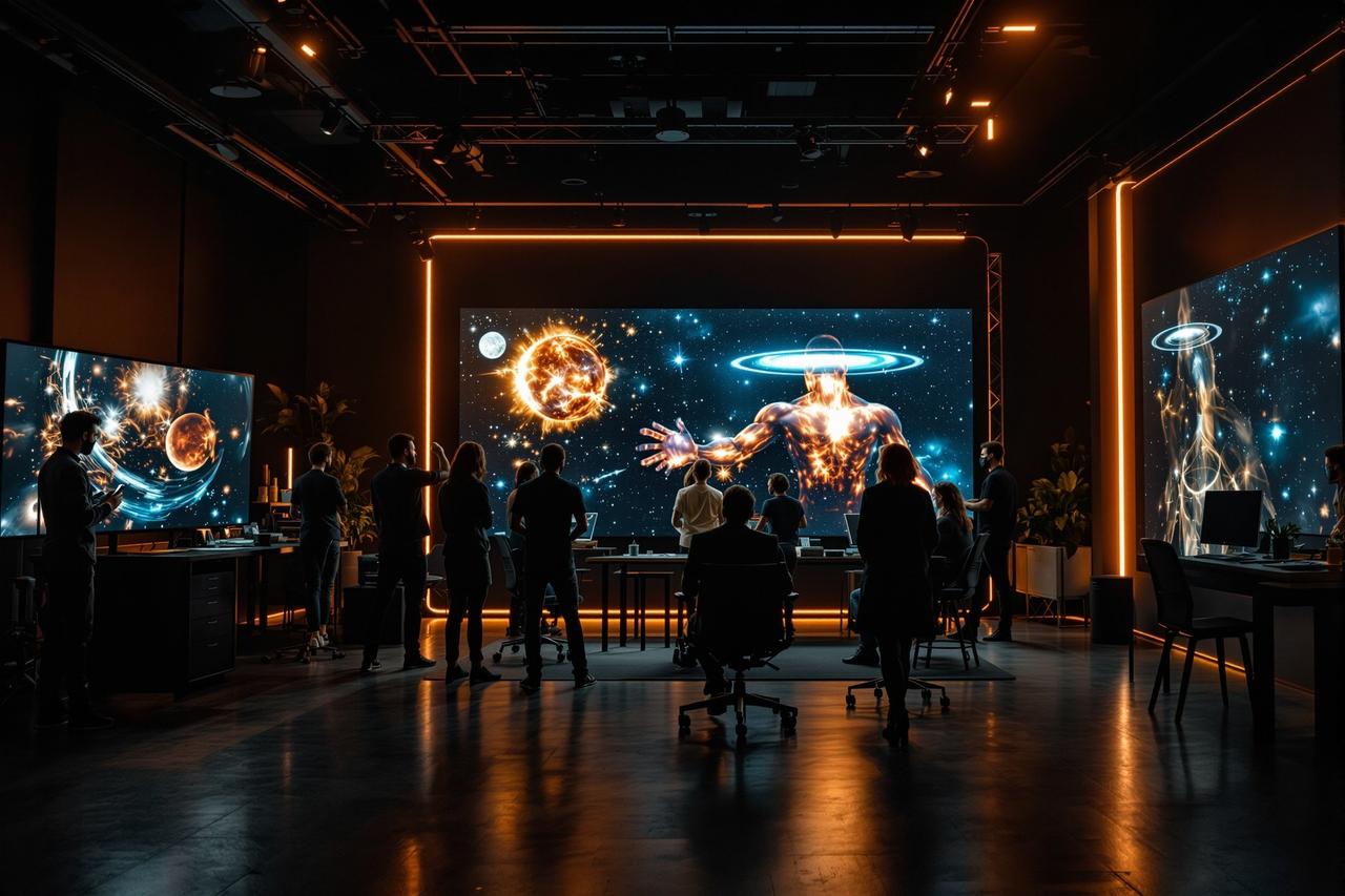 哔嘀影视科研团队在现代化暗色调工作室协作，大屏幕显示宇宙可视化画面